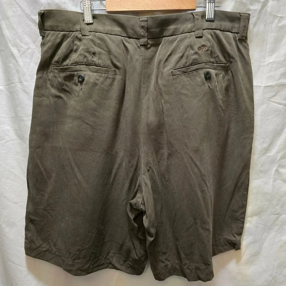 Caribbean Joe Army GreenMens Silk Pleated Relaxed Fit Shorts Olive Green 34